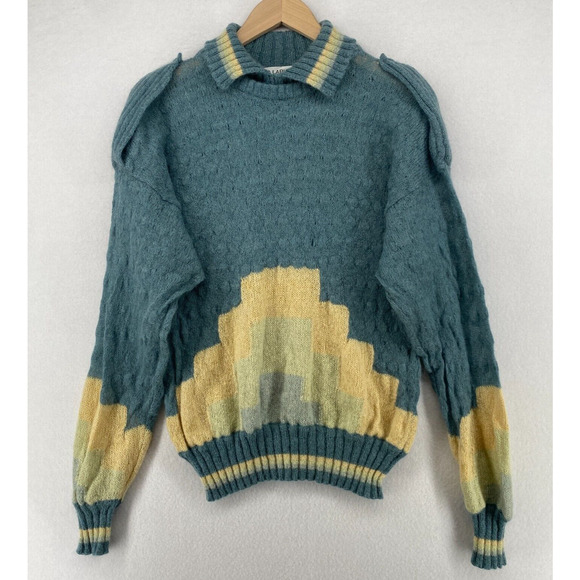 TED LAPIDUS Sweater Mens 38 Mohair Jumper Faux Collar Shoulder Patch Green - Picture 1 of 16